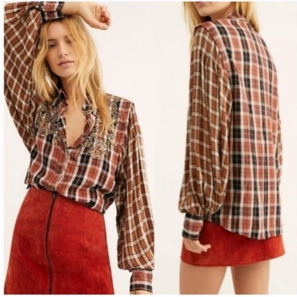 Free People Embellished Western Plaid Shirt